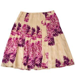 Ann Taylor Floral 100% Silk Pleated A-Line Skirt Fuchsia Pink Cream Quiet Luxury